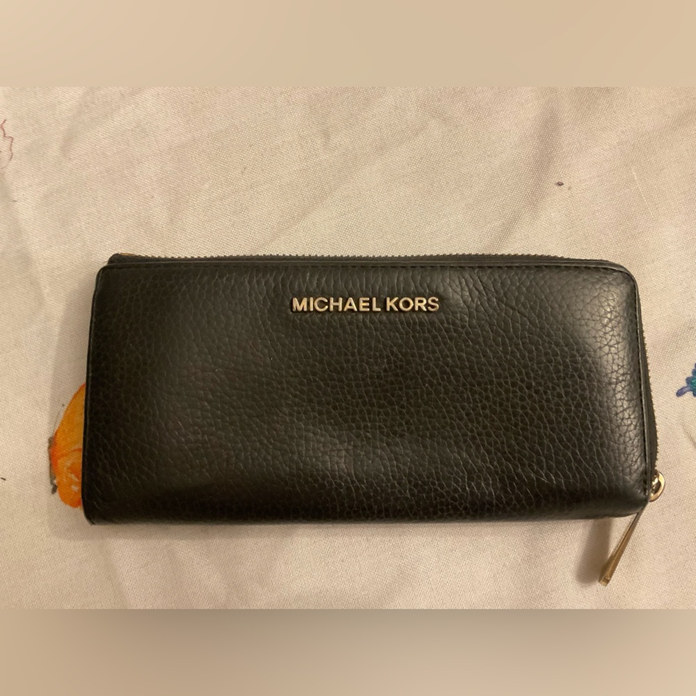 Michael Kors Black Pebbled Leather Zip-Around Wallet with Gold Logo